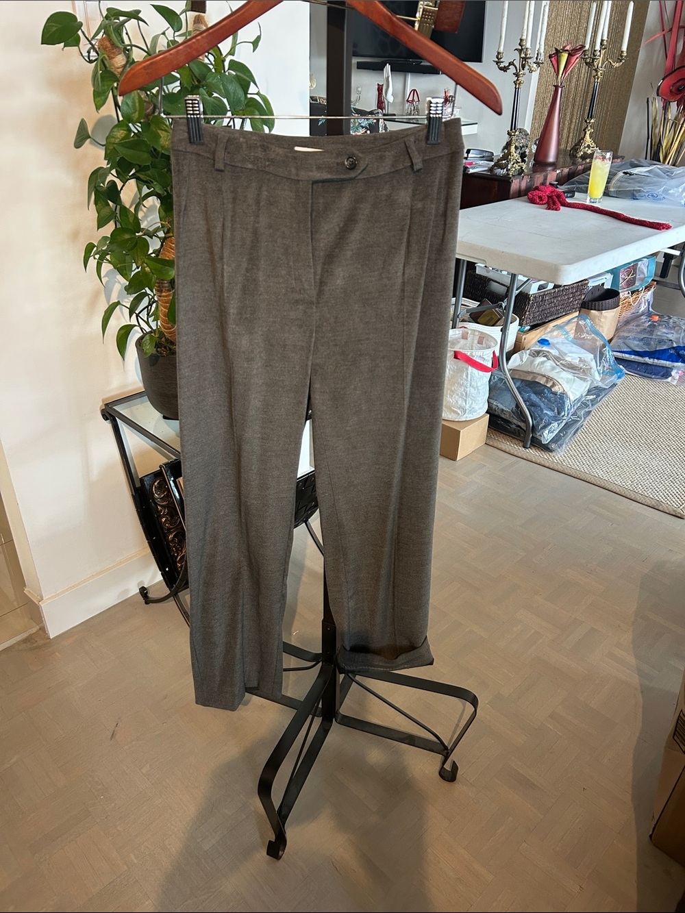 MaxMara made in Italy Gray/taupe suit.Pleated front/belt loops suede look